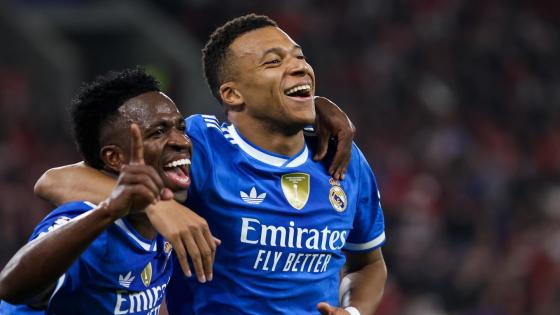 Real Madrid's Kylian Mbappe (R) celebrates after scoring a goal during the UEFA Champions League league phase soccer match between Olympiacos FC and Real Madrid in Piraeus, Greece, 26 November 2025.