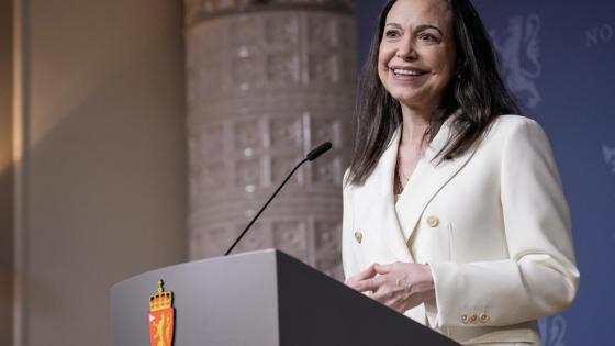 Nobel Peace Prize laureate Maria Corina Machado speaks during a press conference with Norway's Prime Minister Jonas Gahr Store (not pictured) at the government's representative facilities in Oslo, Norway, 11 December 2025.