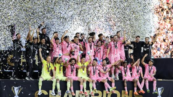 Players and technical team of Inter Miami CF celebrate with the MLS Trophy after winning the 2025 MLS Cup Final soccer match between Inter Miami CF and Vancouver Whitecaps FC, in Fort Lauderdale, Florida, USA, 06 December 2025. 