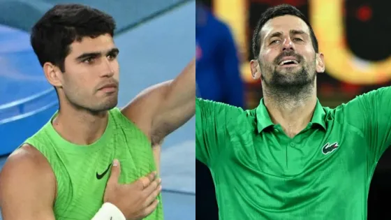 Carlos Alcaraz of Spain celebrates his win in the men’s semifinal against Alexander Zverev of Germany on day 13 of the 2026 Australian Open. Novak Djokovic of Serbia celebrates his win in the men's semifinal against Jannik Sinner of Italy on day 13 of the 2026 Australian Open 
