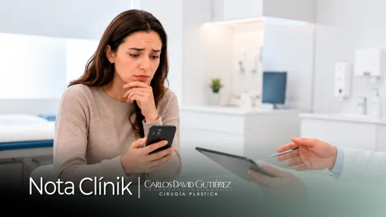Mujer consulta información en su celular durante una cita médica, imagen de Nota Clínik del Dr. Carlos David Gutiérrez.