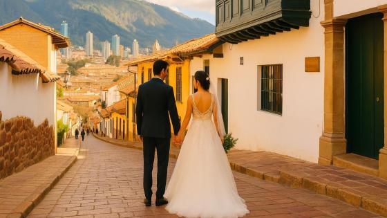 Pareja celebrando su boda en un hermoso jardín en Bogotá