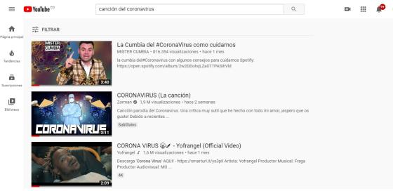 Captura de pantalla Canciones del coronavirus YouTube