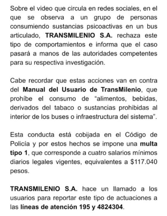 Comunicado Transmilenio