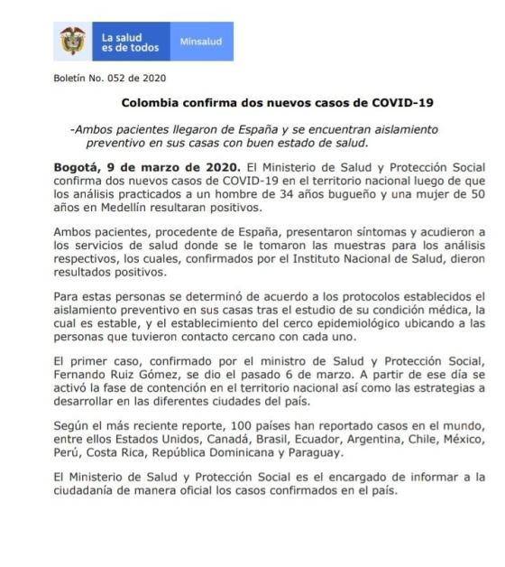 comunicado coronavirus en Colombia