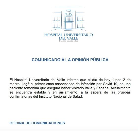 Comunicado HUV Coronavirus Comunicado HUV