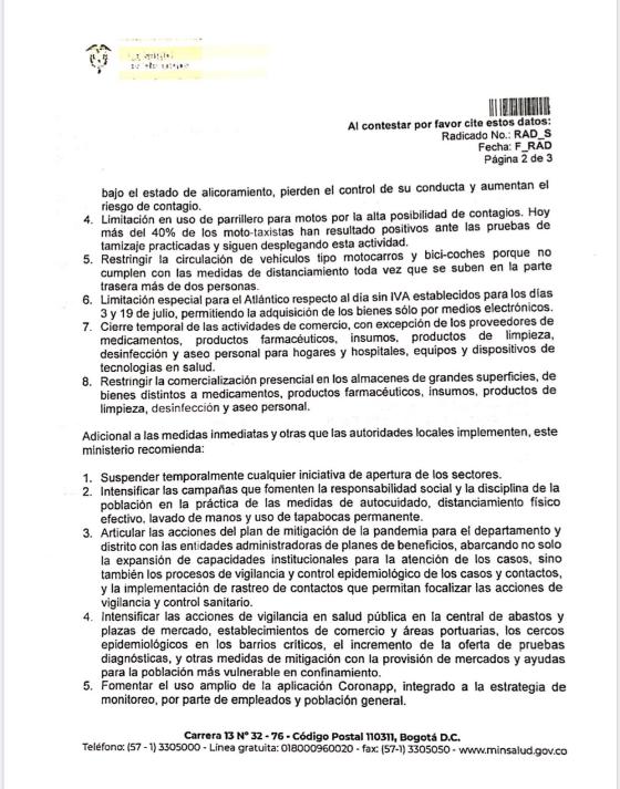 Carta MinSalud crisis Atlántico
