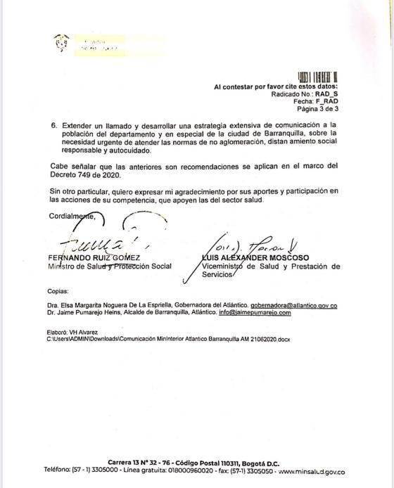 Carta MinSalud crisis Atlántico