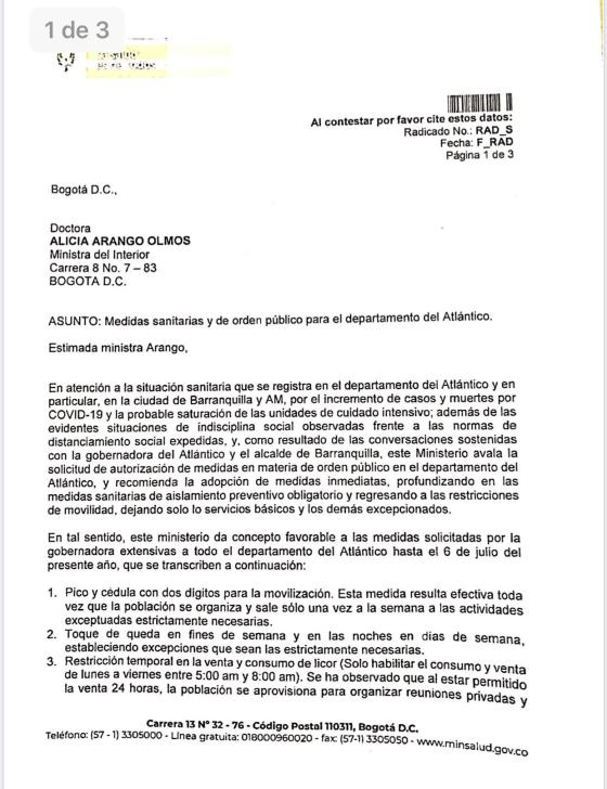 Carta MinSalud crisis Atlántico