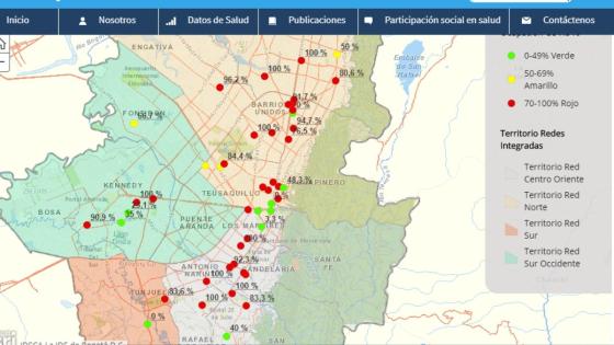 Mapa de Bogotá con la alerta roja de varios hospitales por ocupación de las UCI