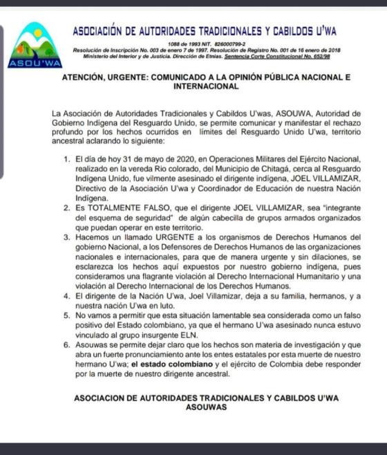 Líder indígena asesinado Joel Villamizar Líder indígena asesinado Joel Villamizar