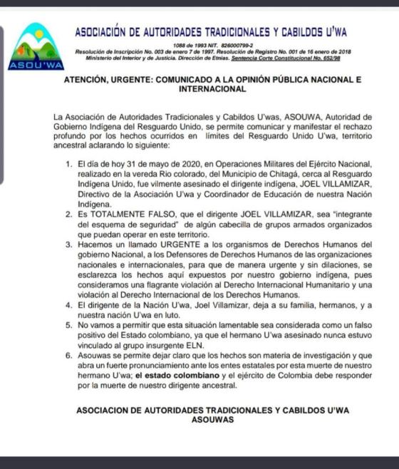 Líder indígena asesinado Joel Villamizar