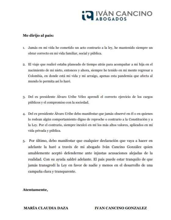 Carta María Claudia Caya Daza Carta María Claudia Caya Daza