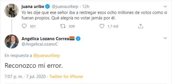 Angélica Lozano reconoce que fue un error votar por Petro a la presidencia