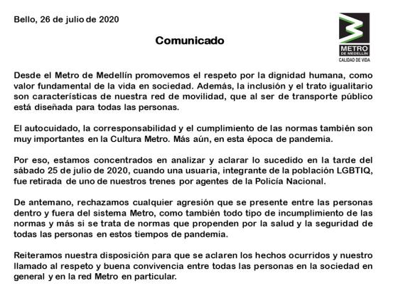 Metro de Medellín mujer transgenero Metro de Medellín mujer transgenero
