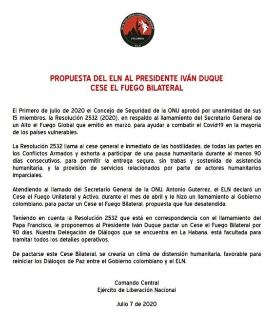 Propuesta cese al fuego Eln Propuesta cese al fuego Eln