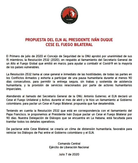 Propuesta cese al fuego Eln