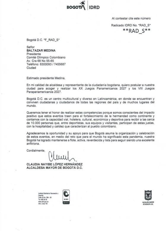 carta de Claudia López Juegos Panamericanos 2027 carta de Claudia López Juegos Panamericanos 2027