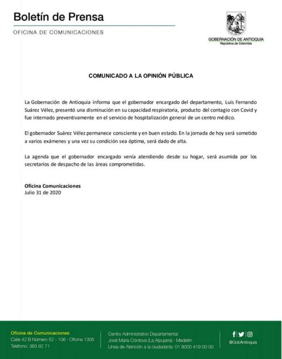 Comunicado Gobernación de Antioquia Comunicado Gobernación de Antioquia
