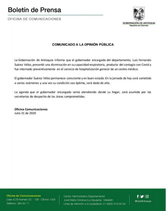 Comunicado Gobernación de Antioquia