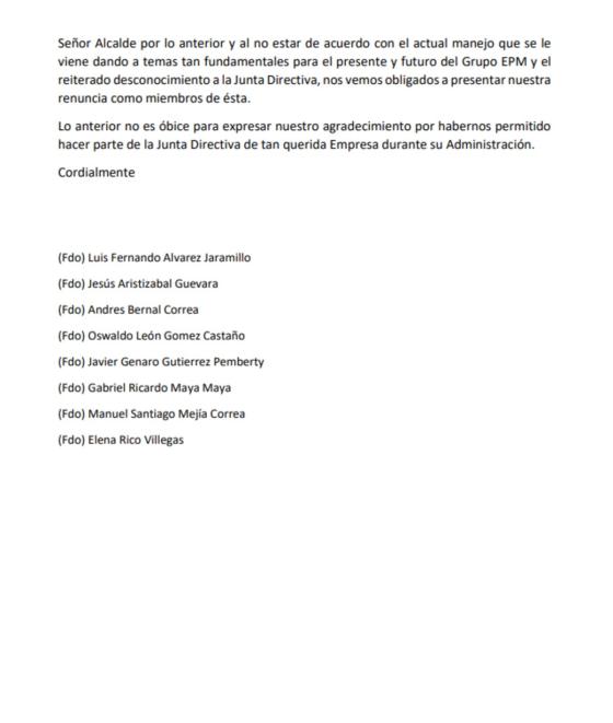 Carta de renuncia Junta Directiva de EPM