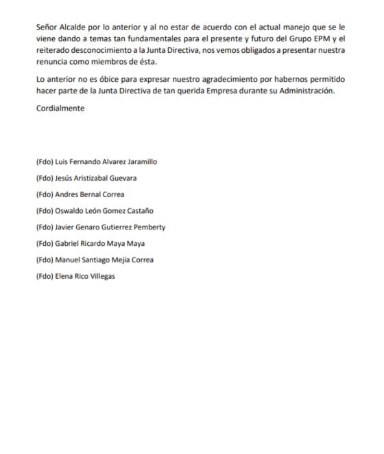 Carta de renuncia Junta Directiva de EPM Carta de renuncia Junta Directiva de EPM