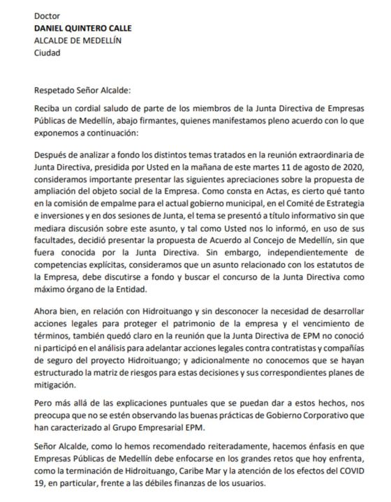Carta renuncia Junta Directiva de EPM