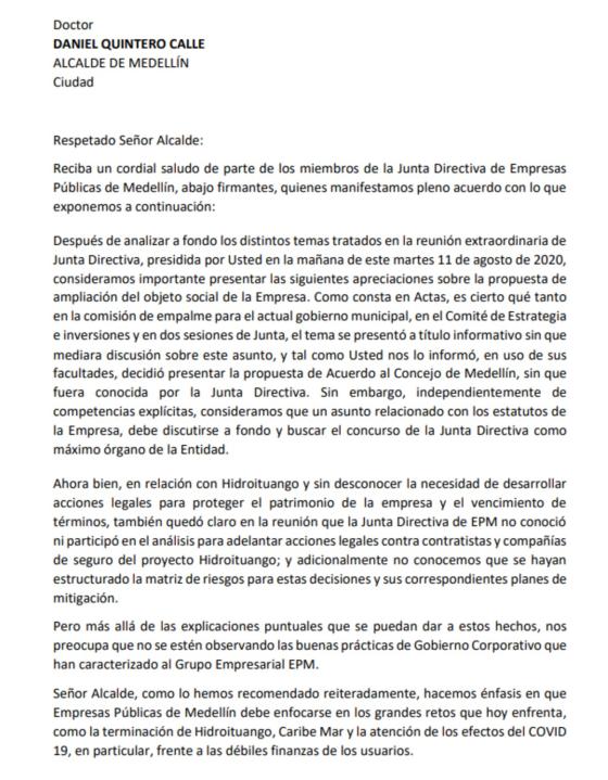 Carta renuncia Junta Directiva de EPM Carta renuncia Junta Directiva de EPM
