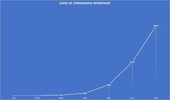 Gráfica casos de coronavirus reportados por mes