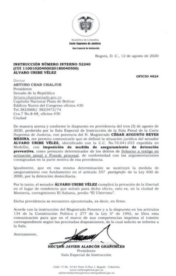Notificación Corte Suprema de Justicia al Senado detención Álvaro Uribe Vélez