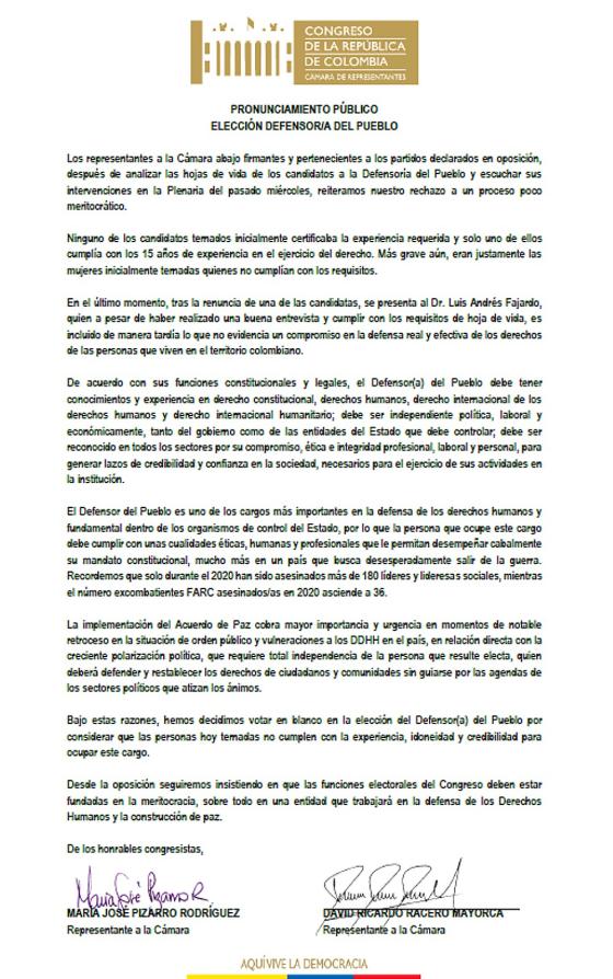 Carta oposición elección Defensor del Pueblo Carta oposición elección Defensor del Pueblo