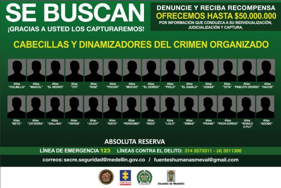 Cartel de los más buscados en Medellín