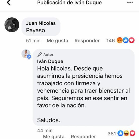 Respuesta Iván Duque a quien lo llamó "payaso" Respuesta Iván Duque a quien lo llamó "payaso"