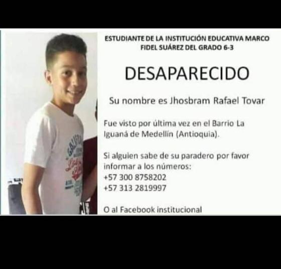 Jhosbram Rafael Tovar, niño venezolano desaparecido en Medellín