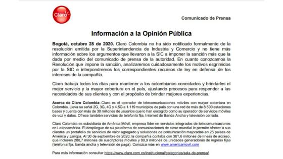 Respuesta Claro sanción SIC Respuesta Claro sanción SIC