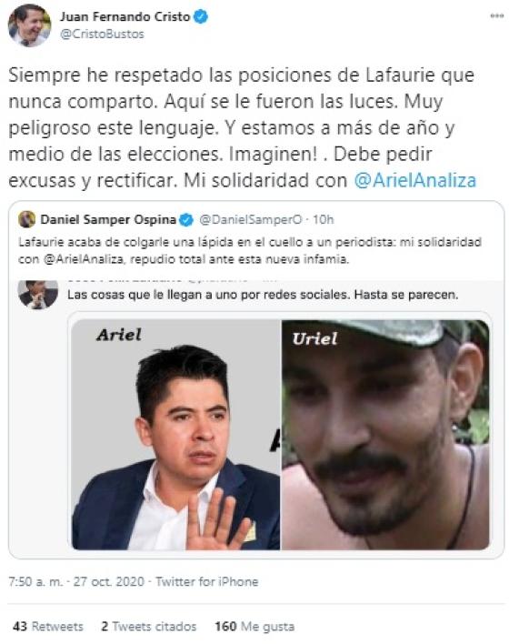 Críticas a José Félix Lafaurie por comparar a Ariel Ávila con alias Uriel