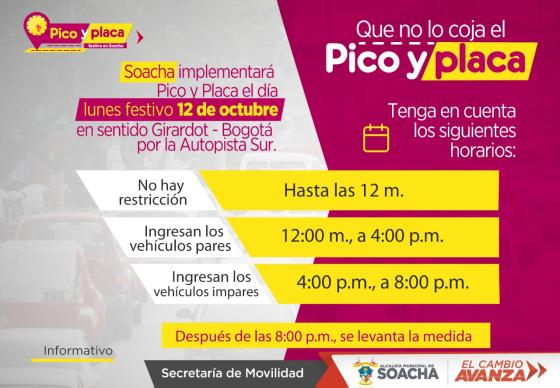 Soacha implementará pico y placa en la Autopista Sur para el puente festivo