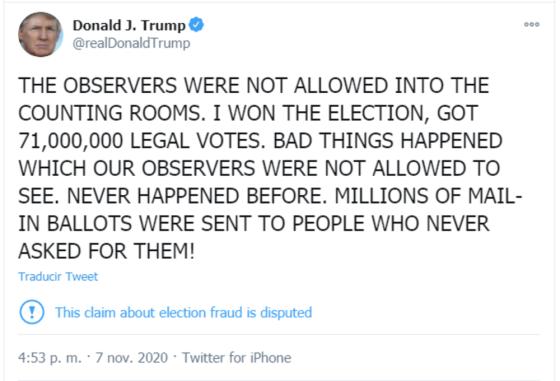 Tweet Donald Trump luego de la victoria de Joe Biden Tweet Donald Trump luego de la victoria de Joe Biden