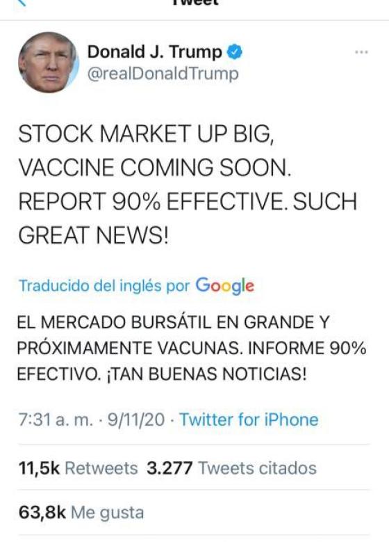 Tweet Donald Trump vacuna coronavirus