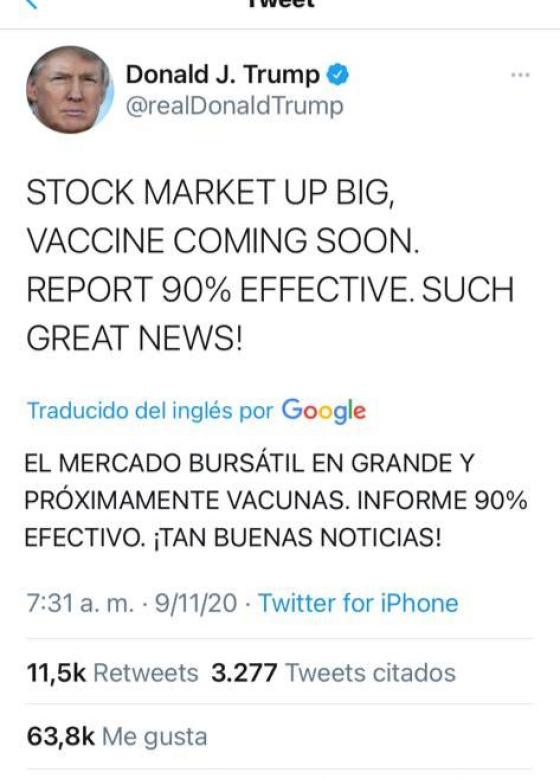 Tweet Donald Trump vacuna coronavirus Tweet Donald Trump vacuna coronavirus