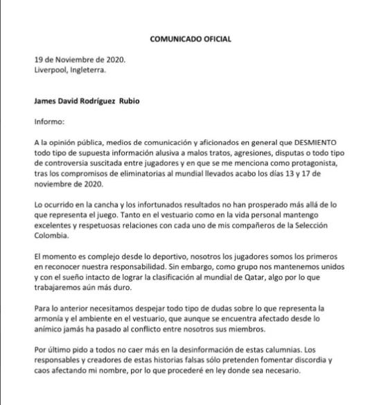 comunicado de james rodríguez