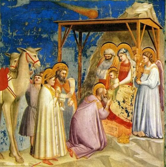 Pintura de Giotto di Bondone sobre la visita de los sabios al niño Jesús. La estrella se parece al cometa Halley, que di Bondone pudo ver en 1301.