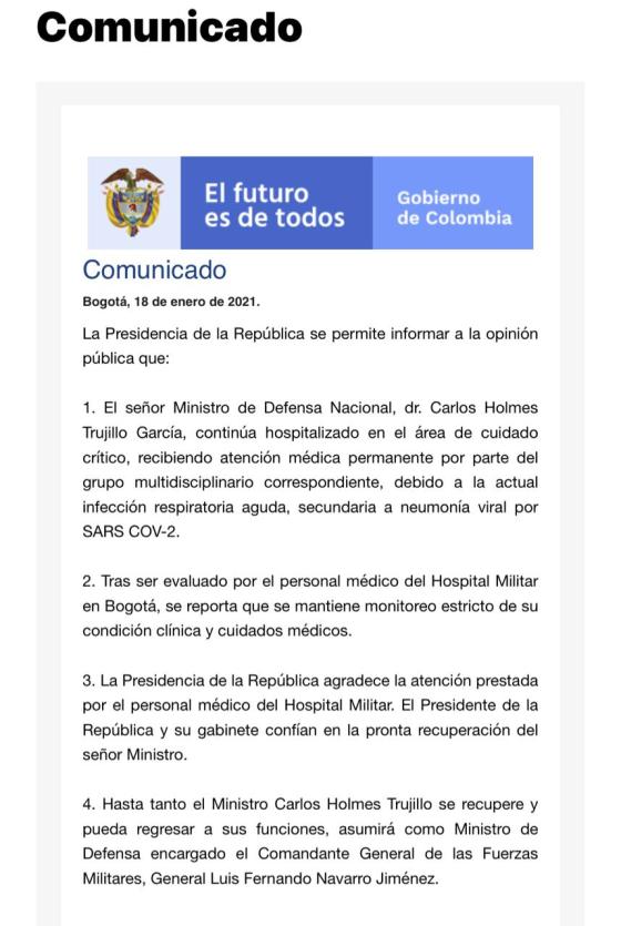 Carlos Holmes Trujillo en cuidado crítico por covid-19 Carlos Holmes Trujillo en cuidado crítico por covid-19