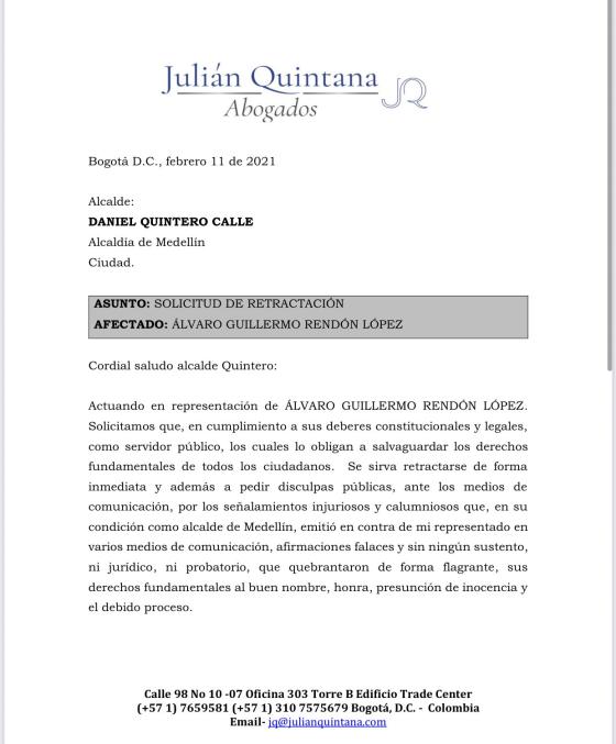 Carta de Álvaro Rendón a Daniel Quintero Carta de Álvaro Rendón a Daniel Quintero
