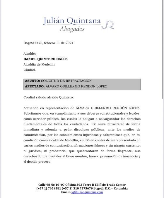 Carta de Álvaro Rendón a Daniel Quintero