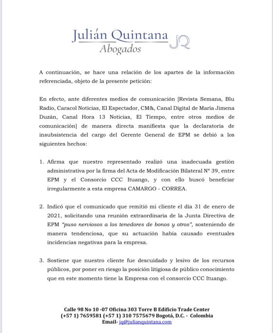 Carta de Álvaro Rendón a Daniel Quintero