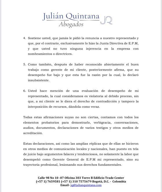Carta de Álvaro Rendón a Daniel Quintero