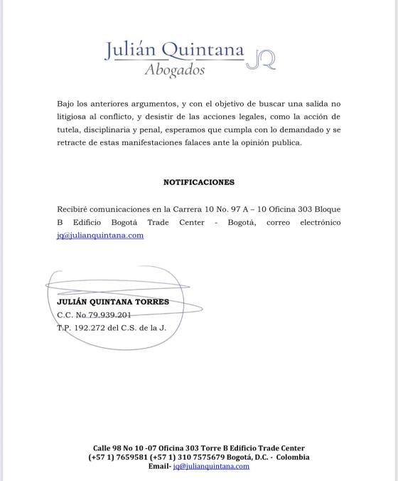 Carta de Álvaro Rendón a Daniel Quintero