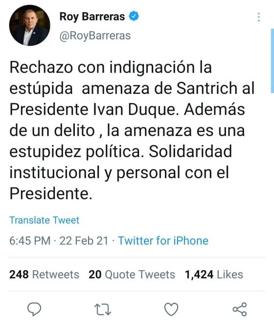 Rechazo a amenaza de Santrich a Duque