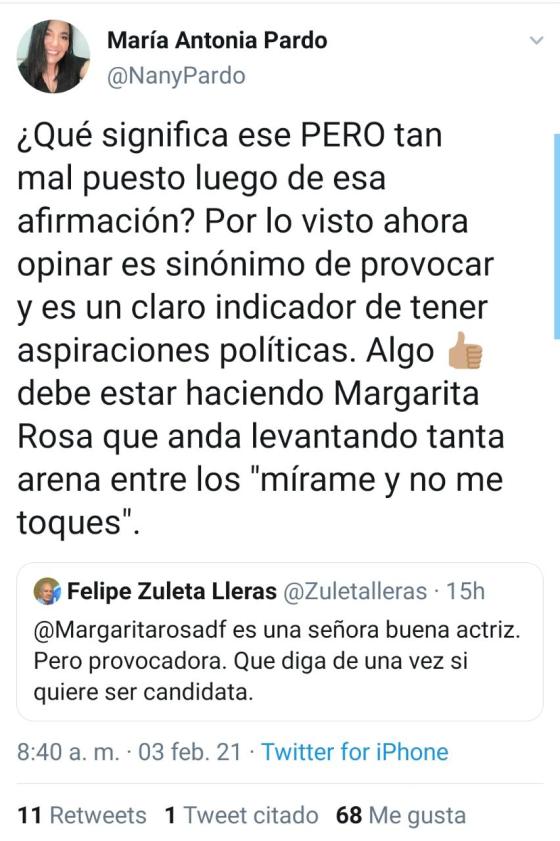 Tajante respuesta de Margarita Rosa de Francisco a Felipe Zuleta Tajante respuesta de Margarita Rosa de Francisco a Felipe Zuleta